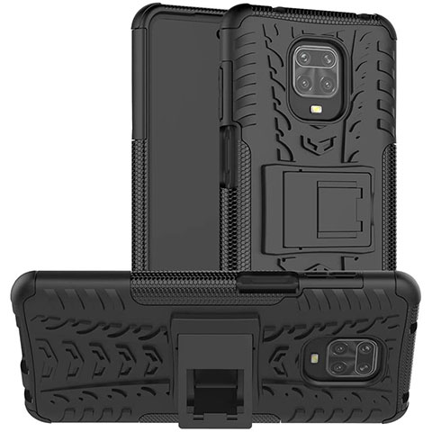 Silikon Hülle Handyhülle und Kunststoff Schutzhülle Hartschalen Tasche mit Ständer für Xiaomi Poco M2 Pro Schwarz