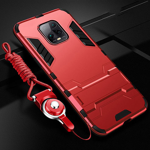 Silikon Hülle Handyhülle und Kunststoff Schutzhülle Hartschalen Tasche mit Ständer für Xiaomi Redmi 10X Pro 5G Rot