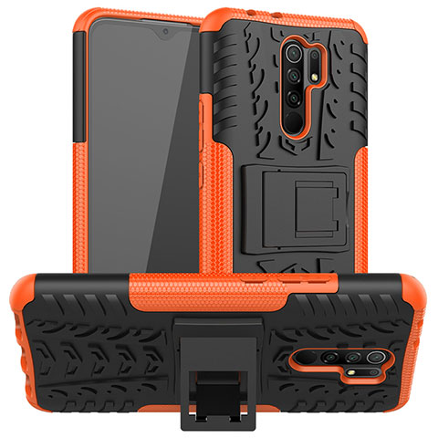 Silikon Hülle Handyhülle und Kunststoff Schutzhülle Hartschalen Tasche mit Ständer für Xiaomi Redmi 9 Orange