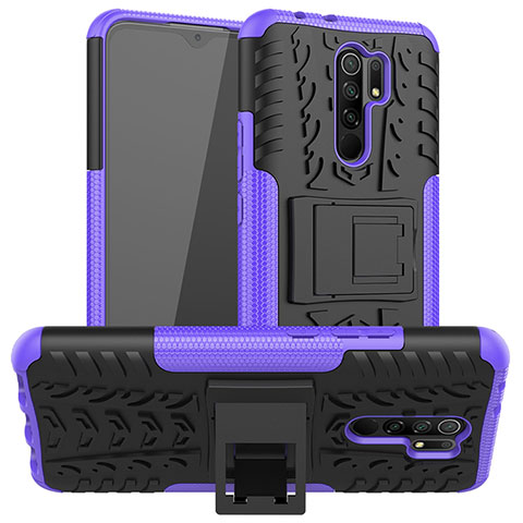 Silikon Hülle Handyhülle und Kunststoff Schutzhülle Hartschalen Tasche mit Ständer für Xiaomi Redmi 9 Prime India Violett