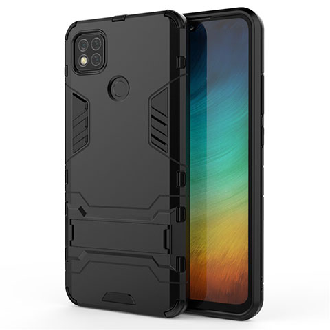 Silikon Hülle Handyhülle und Kunststoff Schutzhülle Hartschalen Tasche mit Ständer für Xiaomi Redmi 9C Schwarz