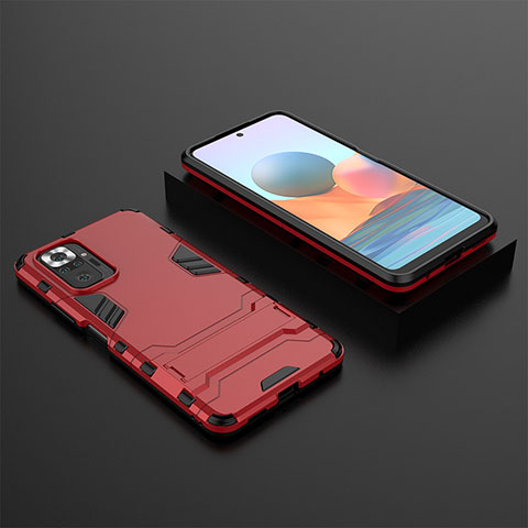 Silikon Hülle Handyhülle und Kunststoff Schutzhülle Hartschalen Tasche mit Ständer für Xiaomi Redmi Note 10 Pro Max Rot