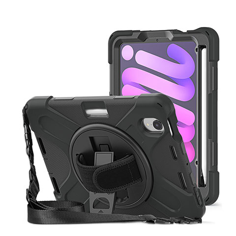 Silikon Hülle Handyhülle und Kunststoff Schutzhülle Hartschalen Tasche mit Ständer H01 für Apple iPad Mini 6 Schwarz