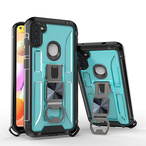 Silikon Hülle Handyhülle und Kunststoff Schutzhülle Hartschalen Tasche mit Ständer H01 für Samsung Galaxy A11 Hellblau