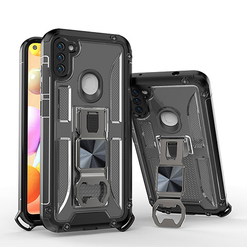 Silikon Hülle Handyhülle und Kunststoff Schutzhülle Hartschalen Tasche mit Ständer H01 für Samsung Galaxy M11 Schwarz