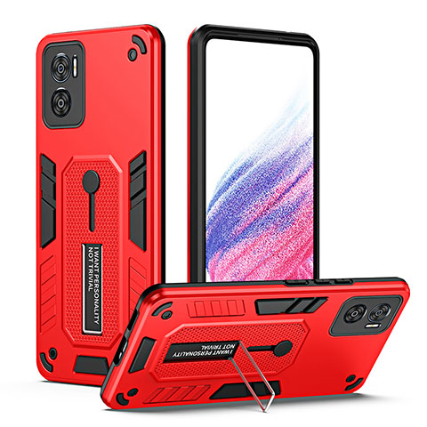 Silikon Hülle Handyhülle und Kunststoff Schutzhülle Hartschalen Tasche mit Ständer H01P für Motorola Moto E22i Rot