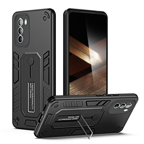 Silikon Hülle Handyhülle und Kunststoff Schutzhülle Hartschalen Tasche mit Ständer H01P für Motorola Moto G31 Schwarz