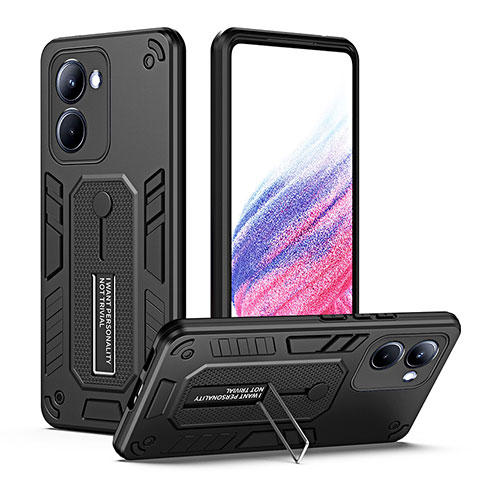 Silikon Hülle Handyhülle und Kunststoff Schutzhülle Hartschalen Tasche mit Ständer H01P für Realme 10 Pro 5G Schwarz