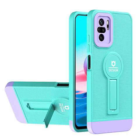 Silikon Hülle Handyhülle und Kunststoff Schutzhülle Hartschalen Tasche mit Ständer H01P für Xiaomi Poco M5S Cyan