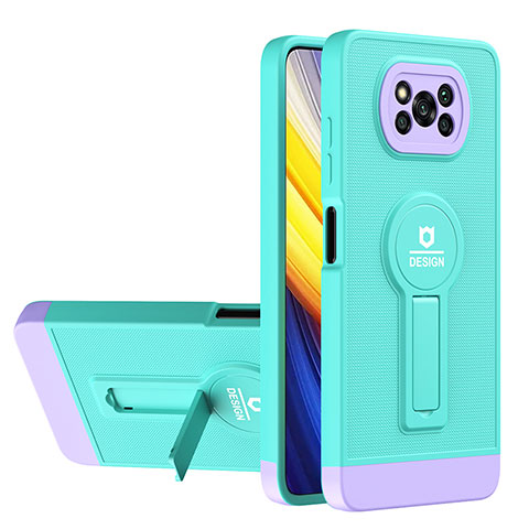 Silikon Hülle Handyhülle und Kunststoff Schutzhülle Hartschalen Tasche mit Ständer H01P für Xiaomi Poco X3 Pro Cyan