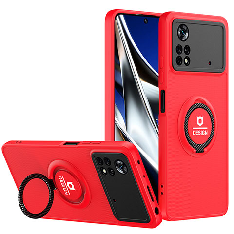 Silikon Hülle Handyhülle und Kunststoff Schutzhülle Hartschalen Tasche mit Ständer H01P für Xiaomi Poco X4 Pro 5G Rot und Schwarz