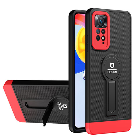 Silikon Hülle Handyhülle und Kunststoff Schutzhülle Hartschalen Tasche mit Ständer H01P für Xiaomi Redmi Note 11 Pro 5G Rot und Schwarz