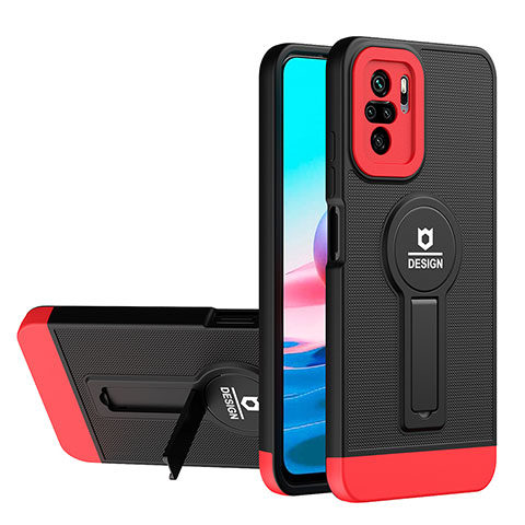 Silikon Hülle Handyhülle und Kunststoff Schutzhülle Hartschalen Tasche mit Ständer H01P für Xiaomi Redmi Note 11 SE India 4G Rot und Schwarz