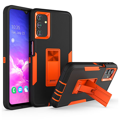 Silikon Hülle Handyhülle und Kunststoff Schutzhülle Hartschalen Tasche mit Ständer J01S für Samsung Galaxy A04s Orange