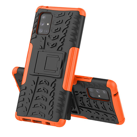 Silikon Hülle Handyhülle und Kunststoff Schutzhülle Hartschalen Tasche mit Ständer J01X für Samsung Galaxy A71 4G A715 Orange