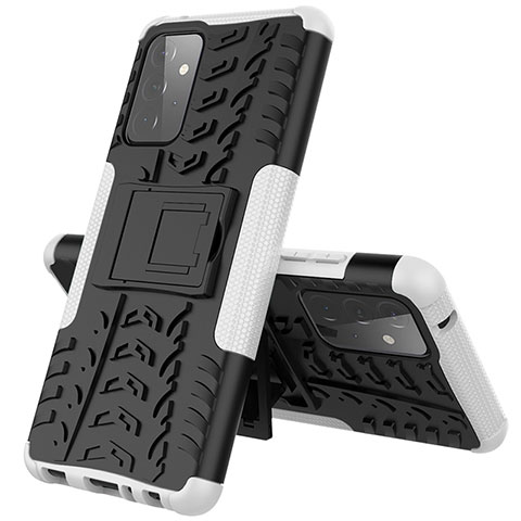Silikon Hülle Handyhülle und Kunststoff Schutzhülle Hartschalen Tasche mit Ständer J01X für Samsung Galaxy A72 4G Silber