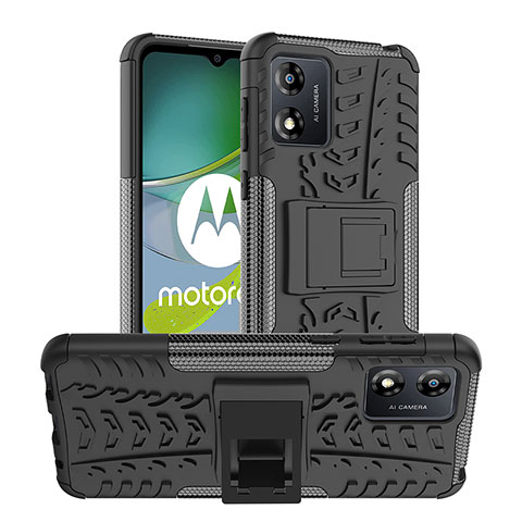 Silikon Hülle Handyhülle und Kunststoff Schutzhülle Hartschalen Tasche mit Ständer JX1 für Motorola Moto E13 Schwarz