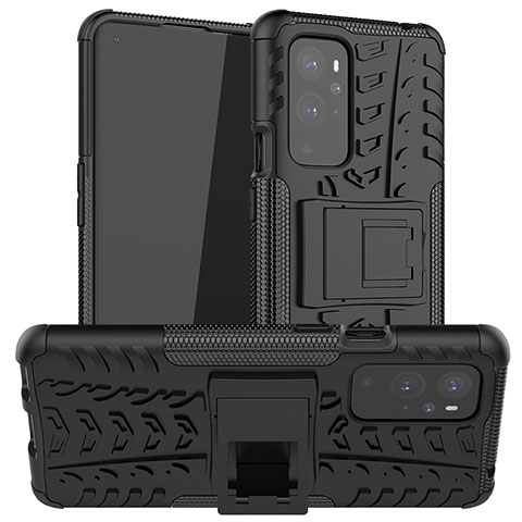 Silikon Hülle Handyhülle und Kunststoff Schutzhülle Hartschalen Tasche mit Ständer JX1 für OnePlus 9 Pro 5G Schwarz