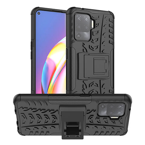 Silikon Hülle Handyhülle und Kunststoff Schutzhülle Hartschalen Tasche mit Ständer JX1 für Oppo A94 4G Schwarz