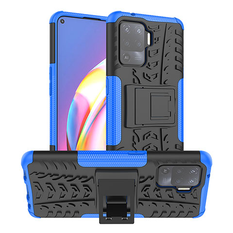 Silikon Hülle Handyhülle und Kunststoff Schutzhülle Hartschalen Tasche mit Ständer JX1 für Oppo F19 Pro Blau