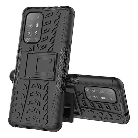 Silikon Hülle Handyhülle und Kunststoff Schutzhülle Hartschalen Tasche mit Ständer JX1 für Oppo F19 Pro+ Plus 5G Schwarz