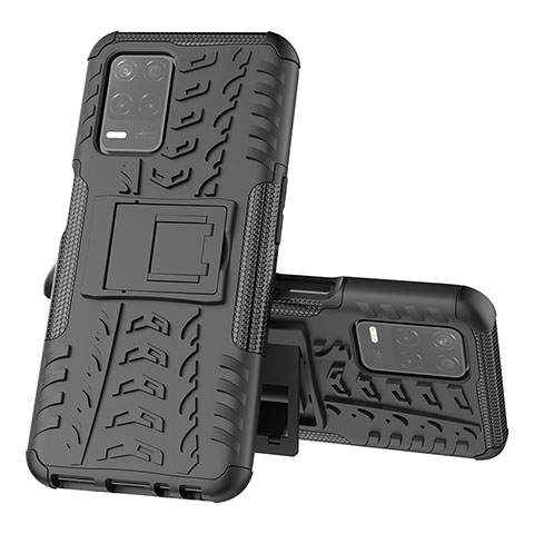 Silikon Hülle Handyhülle und Kunststoff Schutzhülle Hartschalen Tasche mit Ständer JX1 für Realme 8 5G Schwarz