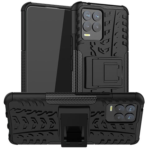 Silikon Hülle Handyhülle und Kunststoff Schutzhülle Hartschalen Tasche mit Ständer JX1 für Realme 8 Pro Schwarz