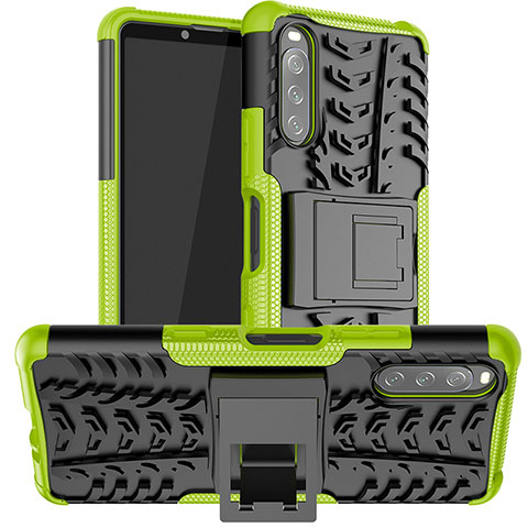 Silikon Hülle Handyhülle und Kunststoff Schutzhülle Hartschalen Tasche mit Ständer JX1 für Sony Xperia 10 III SOG04 Grün