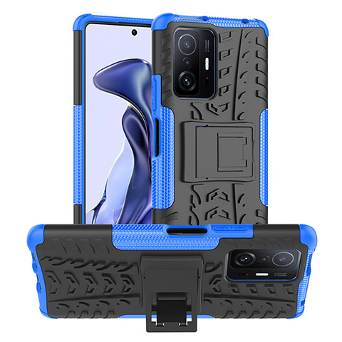 Silikon Hülle Handyhülle und Kunststoff Schutzhülle Hartschalen Tasche mit Ständer JX1 für Xiaomi Mi 11T 5G Blau