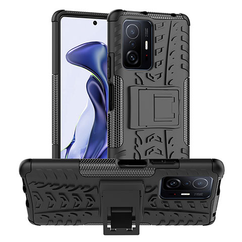 Silikon Hülle Handyhülle und Kunststoff Schutzhülle Hartschalen Tasche mit Ständer JX1 für Xiaomi Mi 11T 5G Schwarz