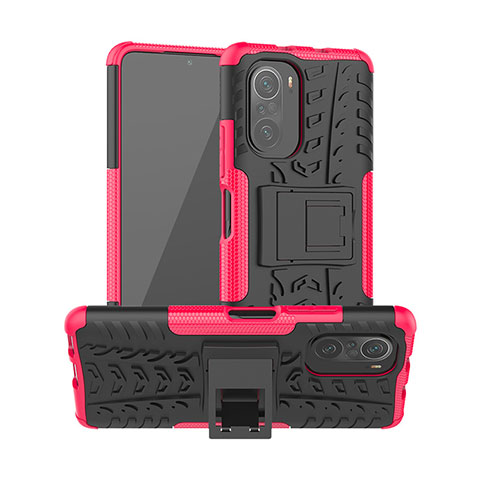 Silikon Hülle Handyhülle und Kunststoff Schutzhülle Hartschalen Tasche mit Ständer JX1 für Xiaomi Poco F3 5G Pink
