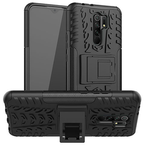 Silikon Hülle Handyhülle und Kunststoff Schutzhülle Hartschalen Tasche mit Ständer JX1 für Xiaomi Poco M2 Schwarz