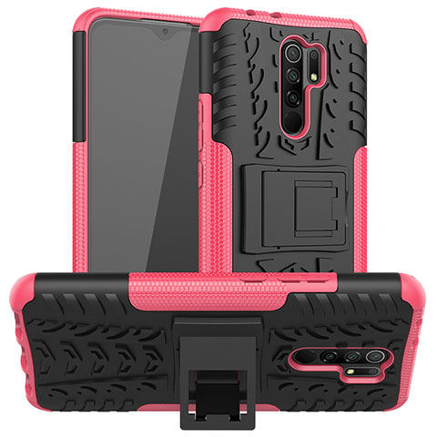 Silikon Hülle Handyhülle und Kunststoff Schutzhülle Hartschalen Tasche mit Ständer JX1 für Xiaomi Redmi 9 Pink