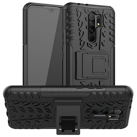 Silikon Hülle Handyhülle und Kunststoff Schutzhülle Hartschalen Tasche mit Ständer JX1 für Xiaomi Redmi 9 Schwarz