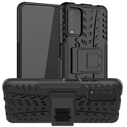 Silikon Hülle Handyhülle und Kunststoff Schutzhülle Hartschalen Tasche mit Ständer JX1 für Xiaomi Redmi 9T 4G Schwarz