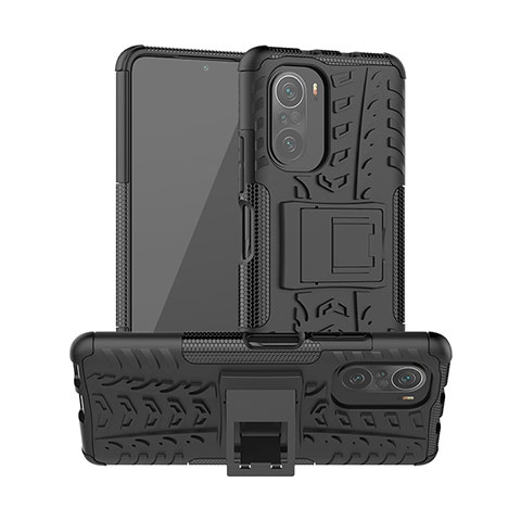 Silikon Hülle Handyhülle und Kunststoff Schutzhülle Hartschalen Tasche mit Ständer JX1 für Xiaomi Redmi K40 Pro 5G Schwarz