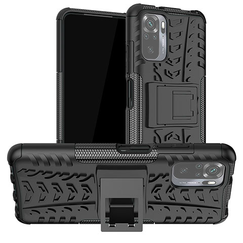 Silikon Hülle Handyhülle und Kunststoff Schutzhülle Hartschalen Tasche mit Ständer JX1 für Xiaomi Redmi Note 10 4G Schwarz
