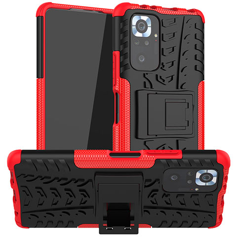 Silikon Hülle Handyhülle und Kunststoff Schutzhülle Hartschalen Tasche mit Ständer JX1 für Xiaomi Redmi Note 10 Pro Max Rot