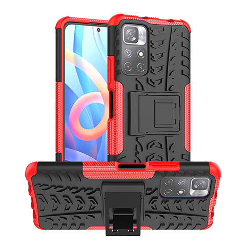 Silikon Hülle Handyhülle und Kunststoff Schutzhülle Hartschalen Tasche mit Ständer JX1 für Xiaomi Redmi Note 11 5G Rot