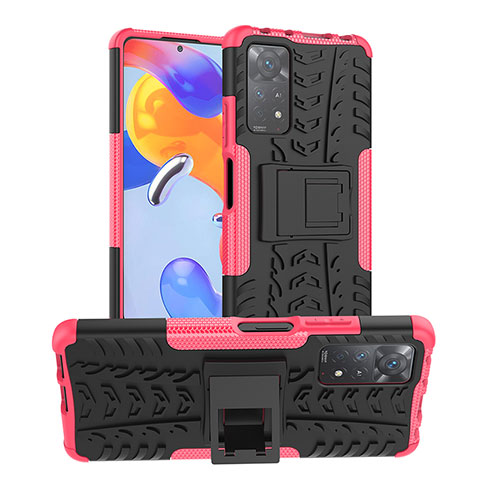 Silikon Hülle Handyhülle und Kunststoff Schutzhülle Hartschalen Tasche mit Ständer JX1 für Xiaomi Redmi Note 11 Pro 4G Pink