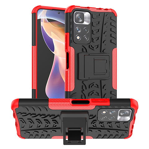 Silikon Hülle Handyhülle und Kunststoff Schutzhülle Hartschalen Tasche mit Ständer JX1 für Xiaomi Redmi Note 11 Pro+ Plus 5G Rot