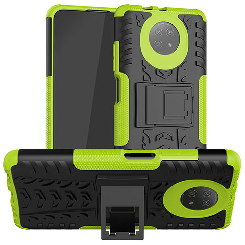 Silikon Hülle Handyhülle und Kunststoff Schutzhülle Hartschalen Tasche mit Ständer JX1 für Xiaomi Redmi Note 9T 5G Grün