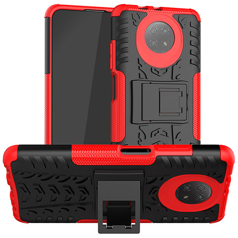 Silikon Hülle Handyhülle und Kunststoff Schutzhülle Hartschalen Tasche mit Ständer JX1 für Xiaomi Redmi Note 9T 5G Rot