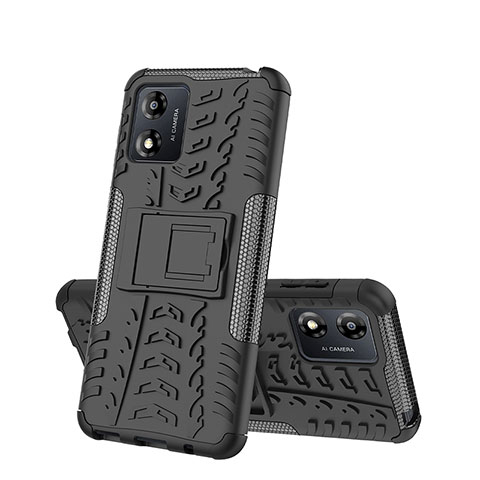 Silikon Hülle Handyhülle und Kunststoff Schutzhülle Hartschalen Tasche mit Ständer JX2 für Motorola Moto E13 Schwarz