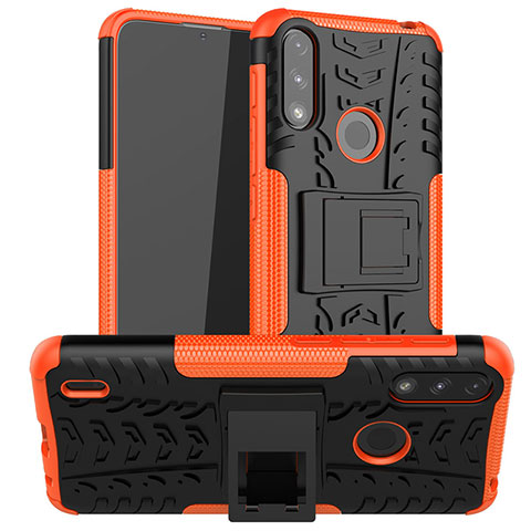 Silikon Hülle Handyhülle und Kunststoff Schutzhülle Hartschalen Tasche mit Ständer JX2 für Motorola Moto E7 Power Orange