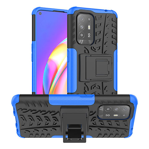 Silikon Hülle Handyhülle und Kunststoff Schutzhülle Hartschalen Tasche mit Ständer JX2 für Oppo F19 Pro+ Plus 5G Blau