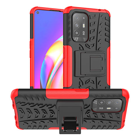 Silikon Hülle Handyhülle und Kunststoff Schutzhülle Hartschalen Tasche mit Ständer JX2 für Oppo F19 Pro+ Plus 5G Rot