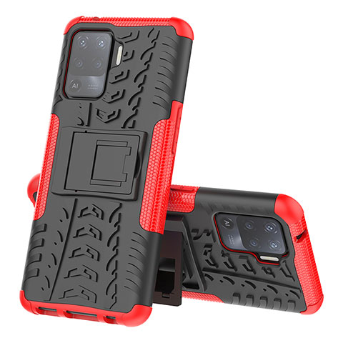 Silikon Hülle Handyhülle und Kunststoff Schutzhülle Hartschalen Tasche mit Ständer JX2 für Oppo F19 Pro Rot