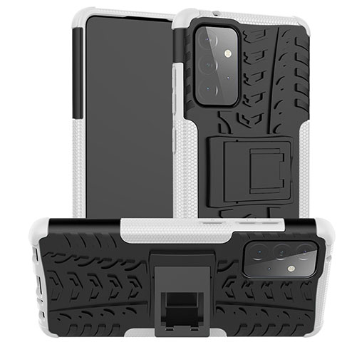 Silikon Hülle Handyhülle und Kunststoff Schutzhülle Hartschalen Tasche mit Ständer JX2 für Samsung Galaxy A72 4G Silber