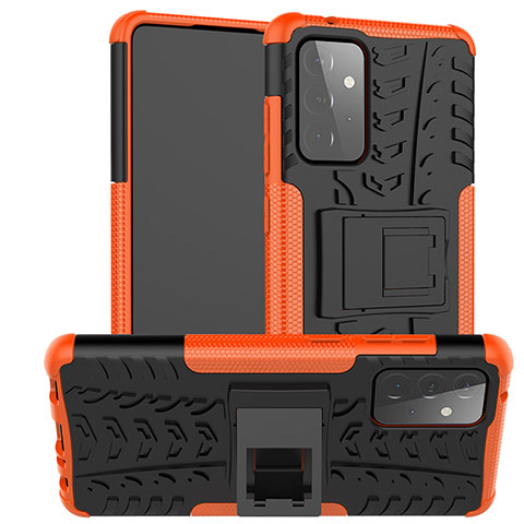 Silikon Hülle Handyhülle und Kunststoff Schutzhülle Hartschalen Tasche mit Ständer JX2 für Samsung Galaxy A72 5G Orange